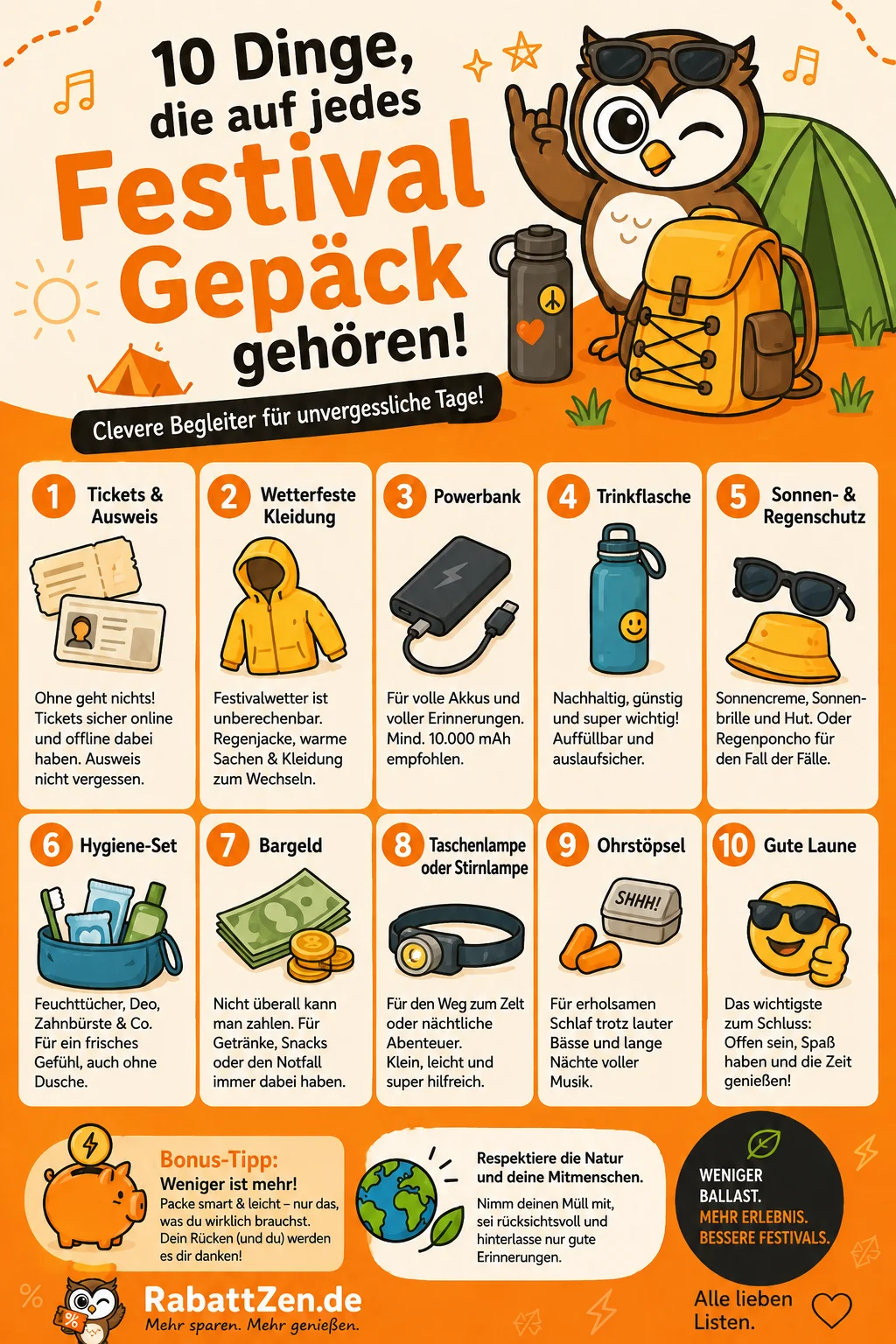 Infografik: Festival Gepäck: 10 Dinge die auf kein Festival fehlen dürfen