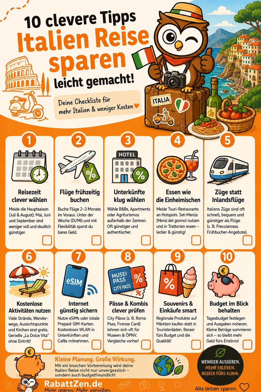 Infografik: Italien Reise sparen: 10 Tipps für günstigen Urlaub