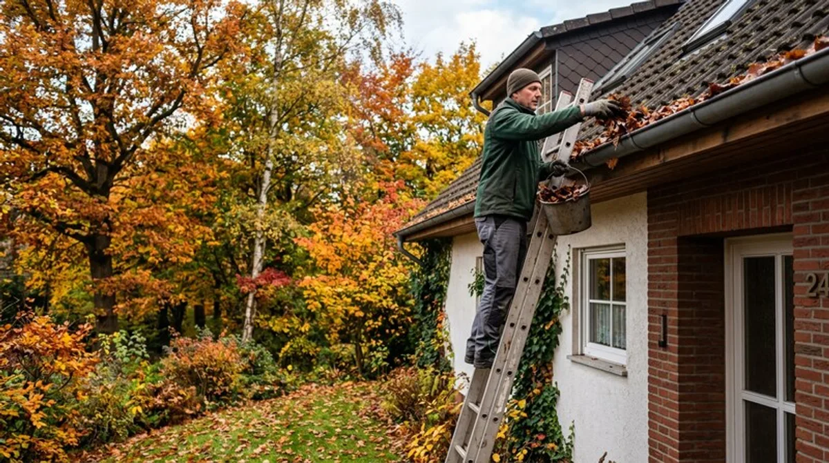 dachrinne, reinigen, leiter, herbst, dachrinne reinigen, reinigen leiter, leiter herbst